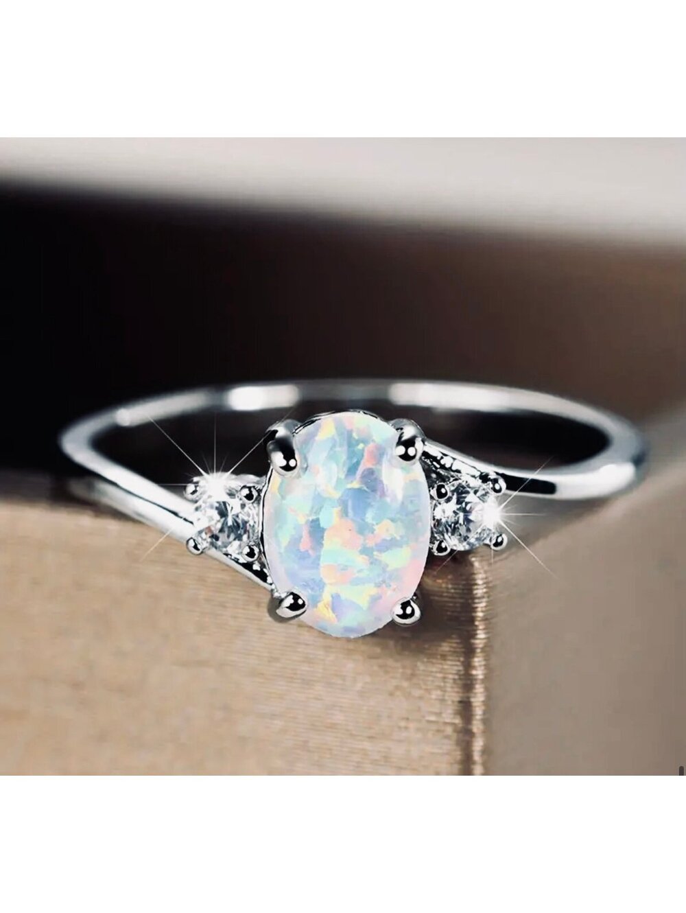 New - Exquisite Silver -Oval Cut Sparkly Opal Ring w/Zircon Accent -Size 7